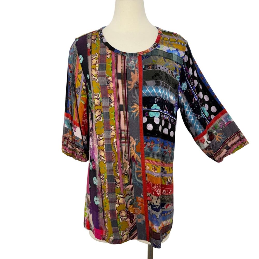 Johnny Was Sonnet Patchwork Blouse Tunic Top Stretchy 3/4 Sleeve Multicolor L